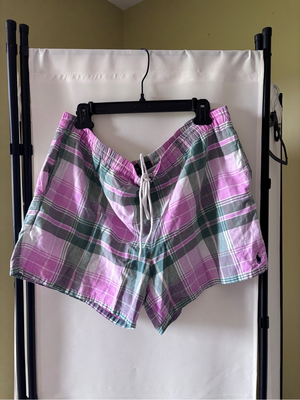 Ralph Lauren Plaid Drawstring Swim Shorts in Pink & Green